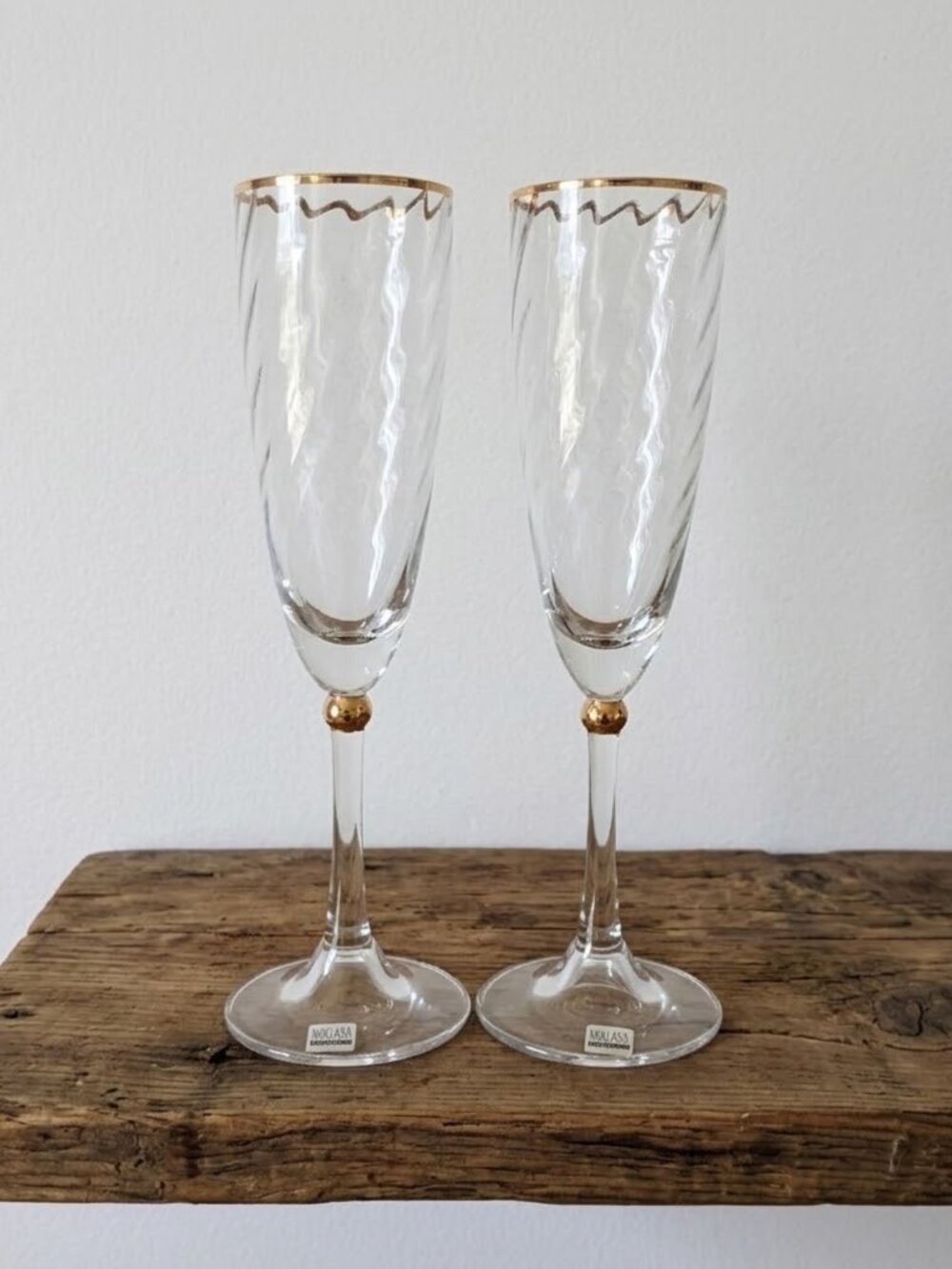 Miller Rogaska Reed & Barton Jubilee Gold Flute Champagne Wine Glasses Set of 2